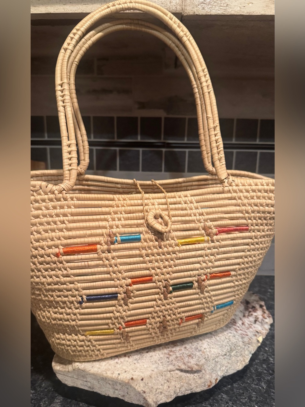 Vintage 1970s Handwoven Straw Basket Purse